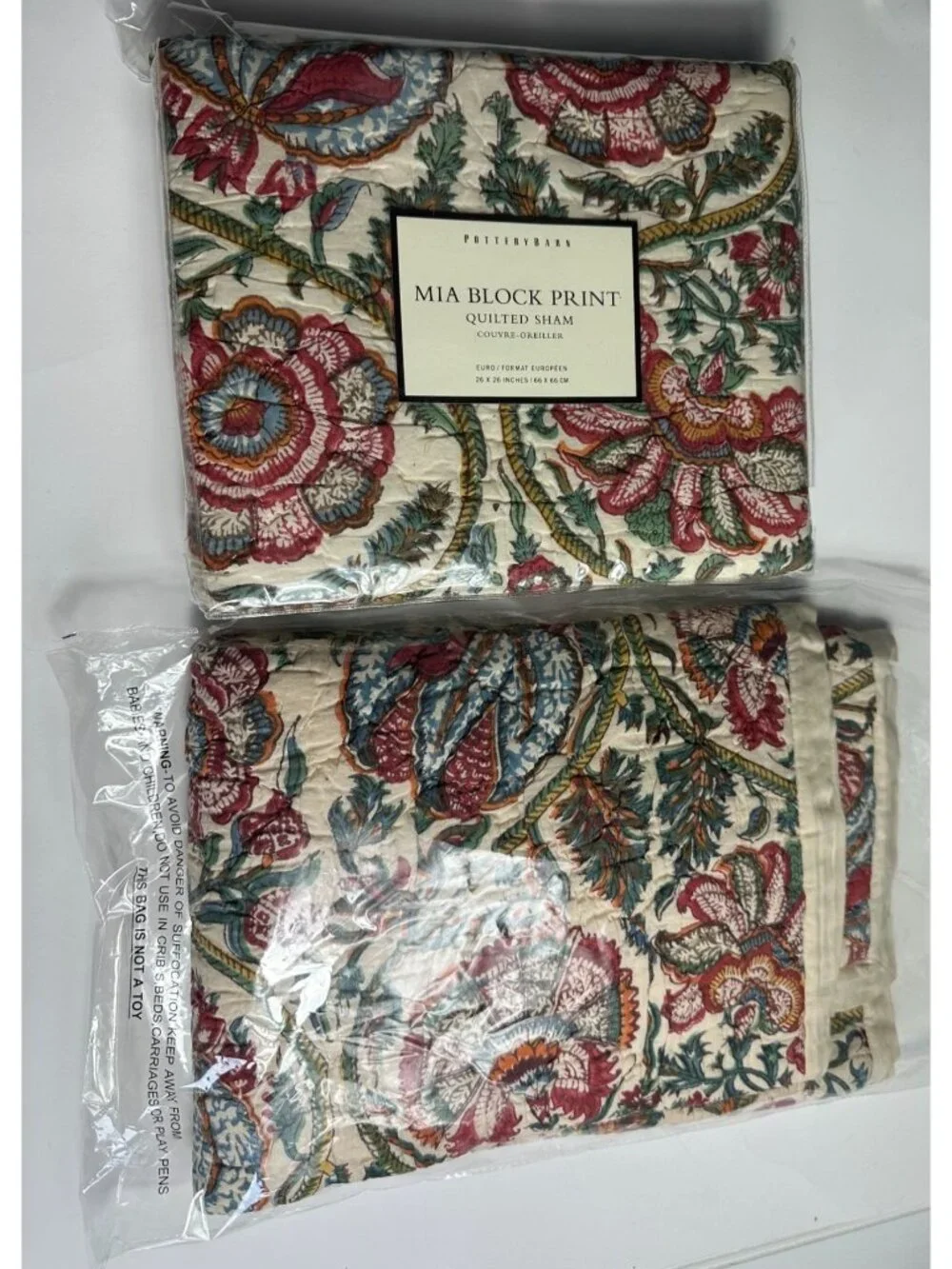 2 Pottery Barn Vtg Euro Mia Block Print Quilted Shams 100% Cotton New 26